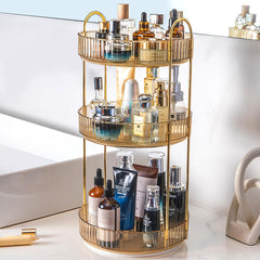 Zufudo rotating makeup organizer in amber gold; 3-tier system for organized vanity storage.