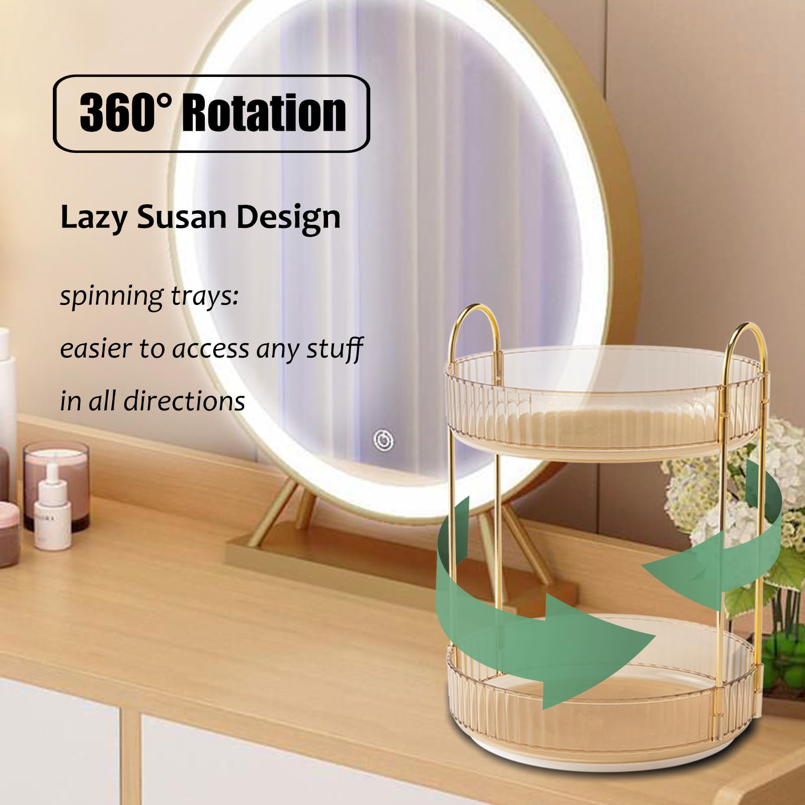 Zufudo rotating makeup organizer amber gold 360-degree rotation saves time when choosing products
