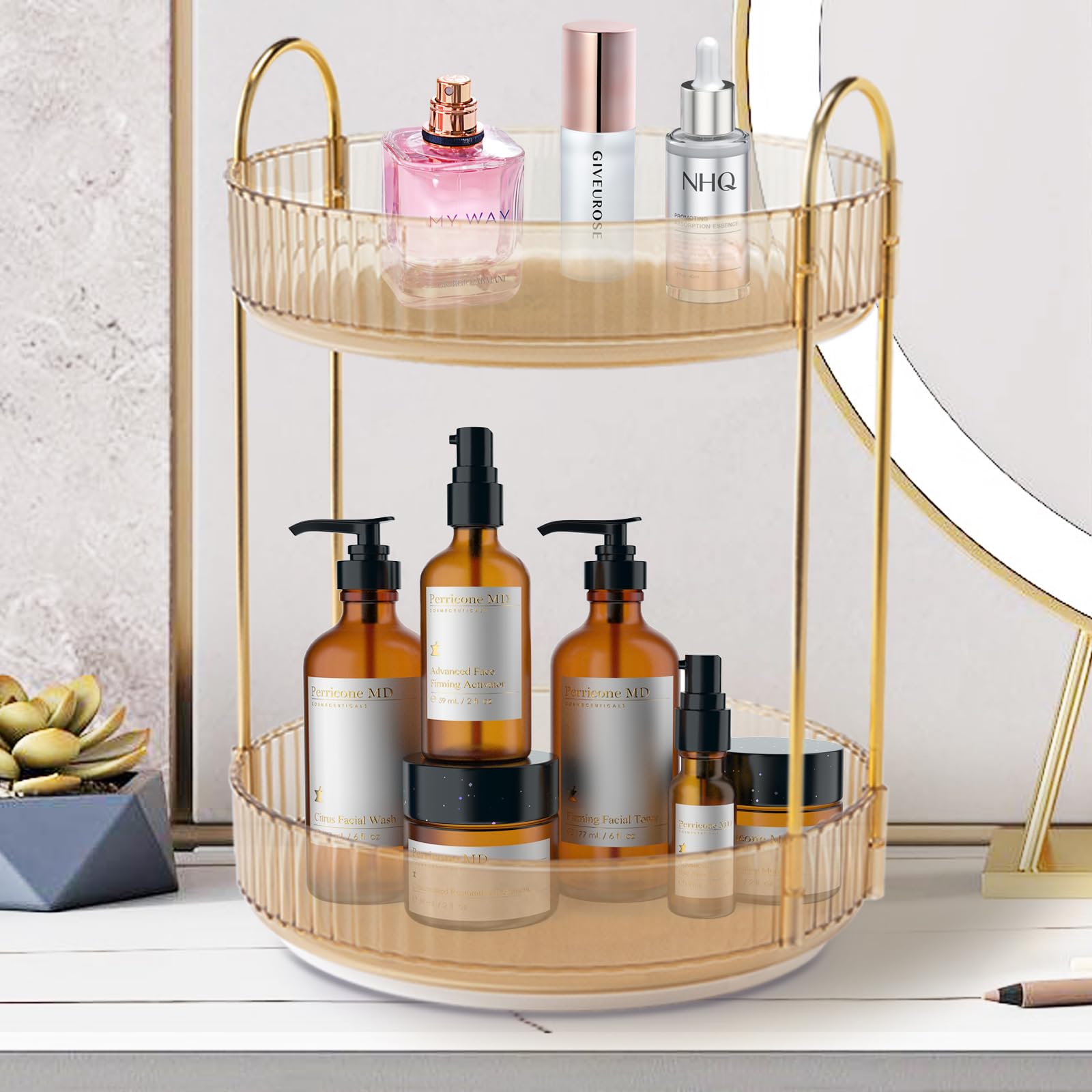 Zufudo rotating makeup organizer amber gold on-counter use keeps countertops tidy