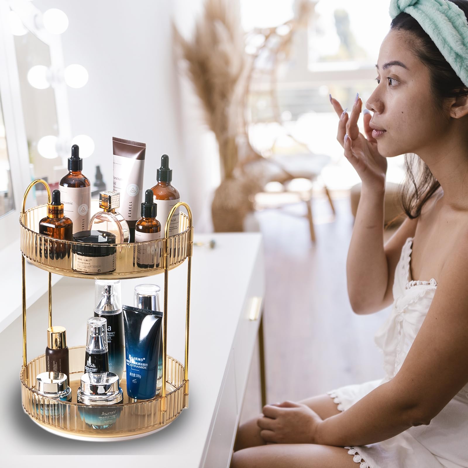 Zufudo rotating makeup organizer amber gold display for perfumes and skincare essentials