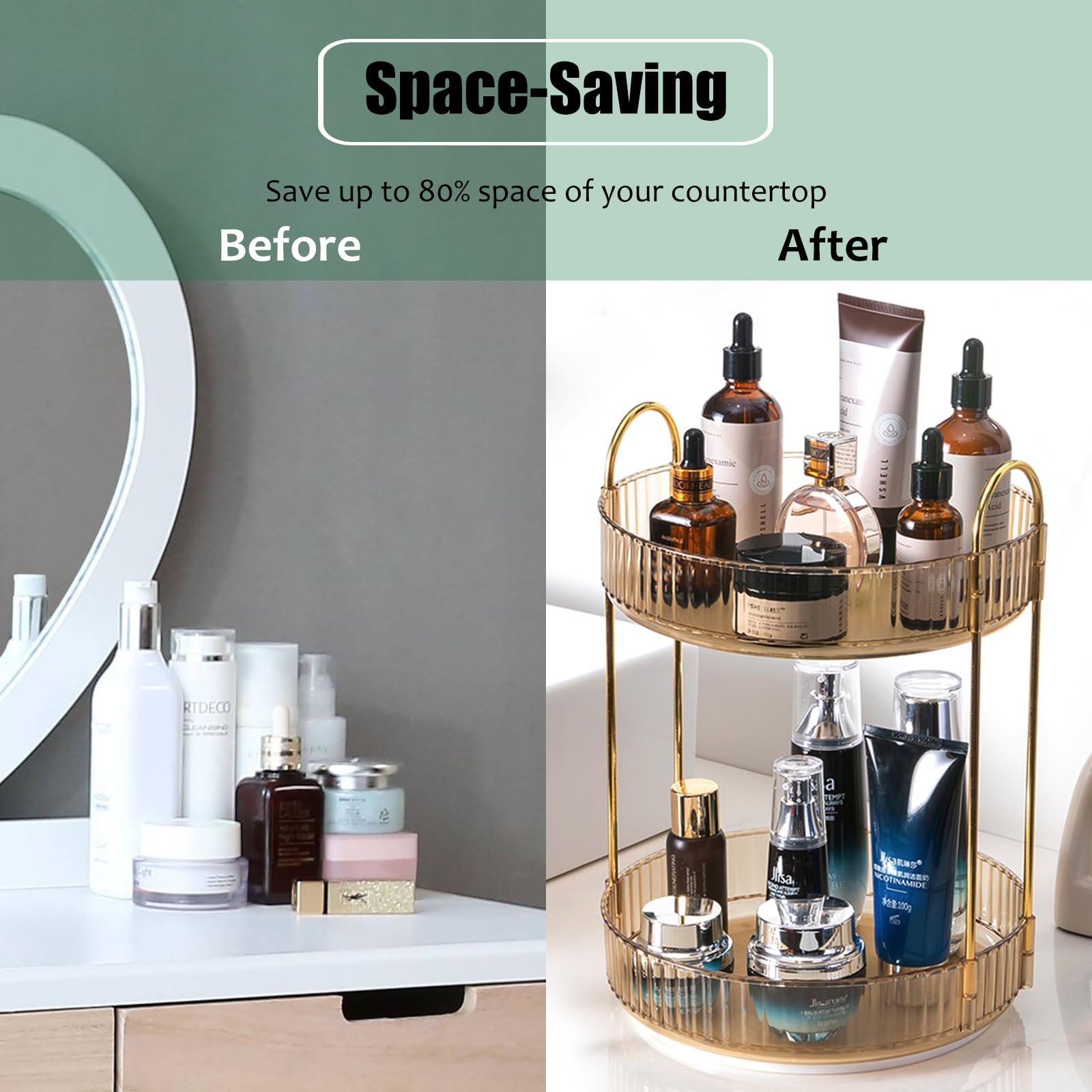 Zufudo rotating makeup organizer amber gold waterproof tray resists bathroom damp
