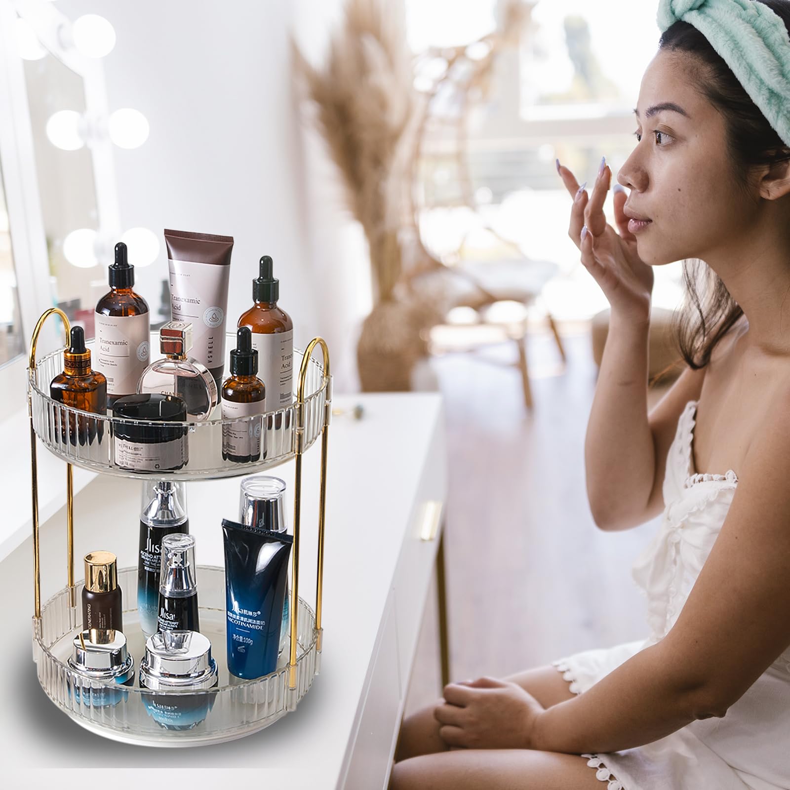 Zufudo rotating makeup organizer vanity display keeps cosmetics neatly organized and within reach