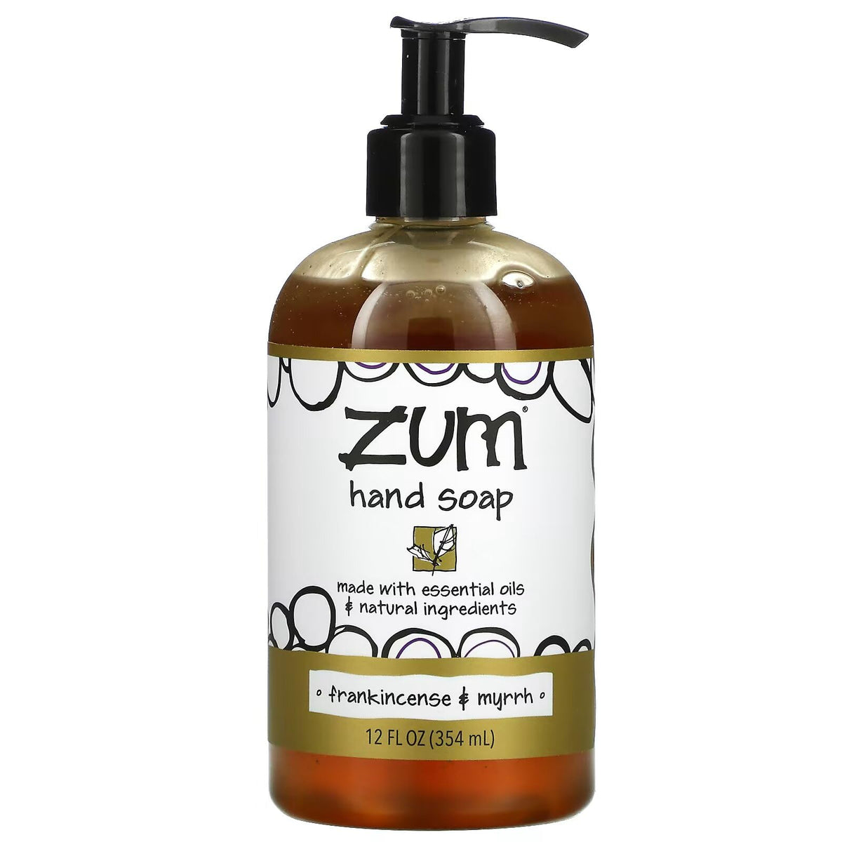 Zum Frankincense Myrrh hand soap bottle showing rich lather for everyday cleansing.