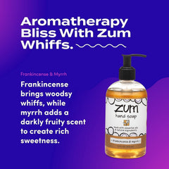 Zum Frankincense Myrrh hand soap lather highlights creamy texture for soft hands.