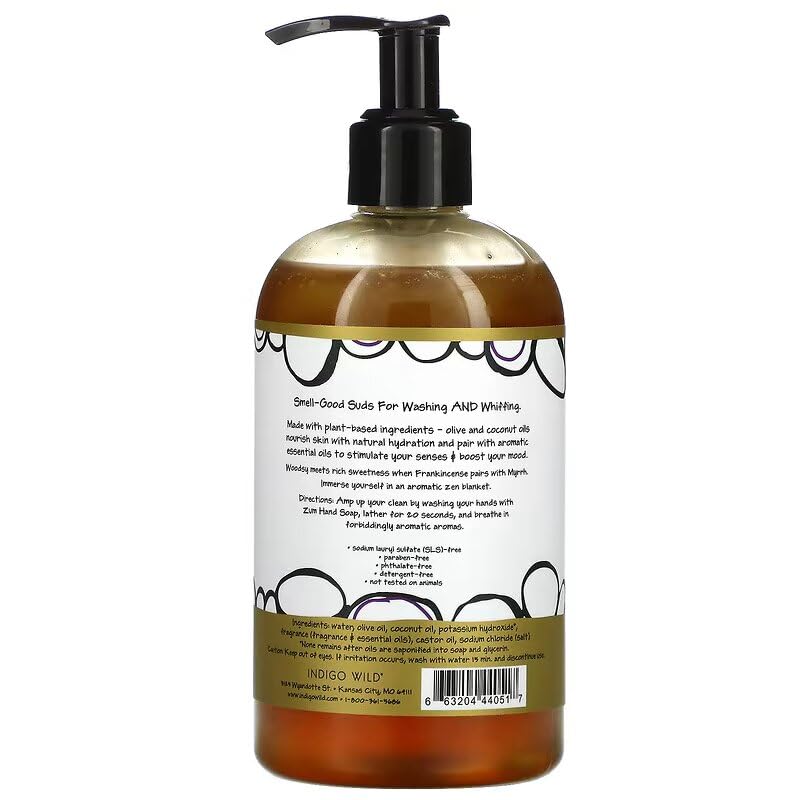 Zum Frankincense Myrrh hand soap pump emphasizes gentle cleansing and aromatic notes.