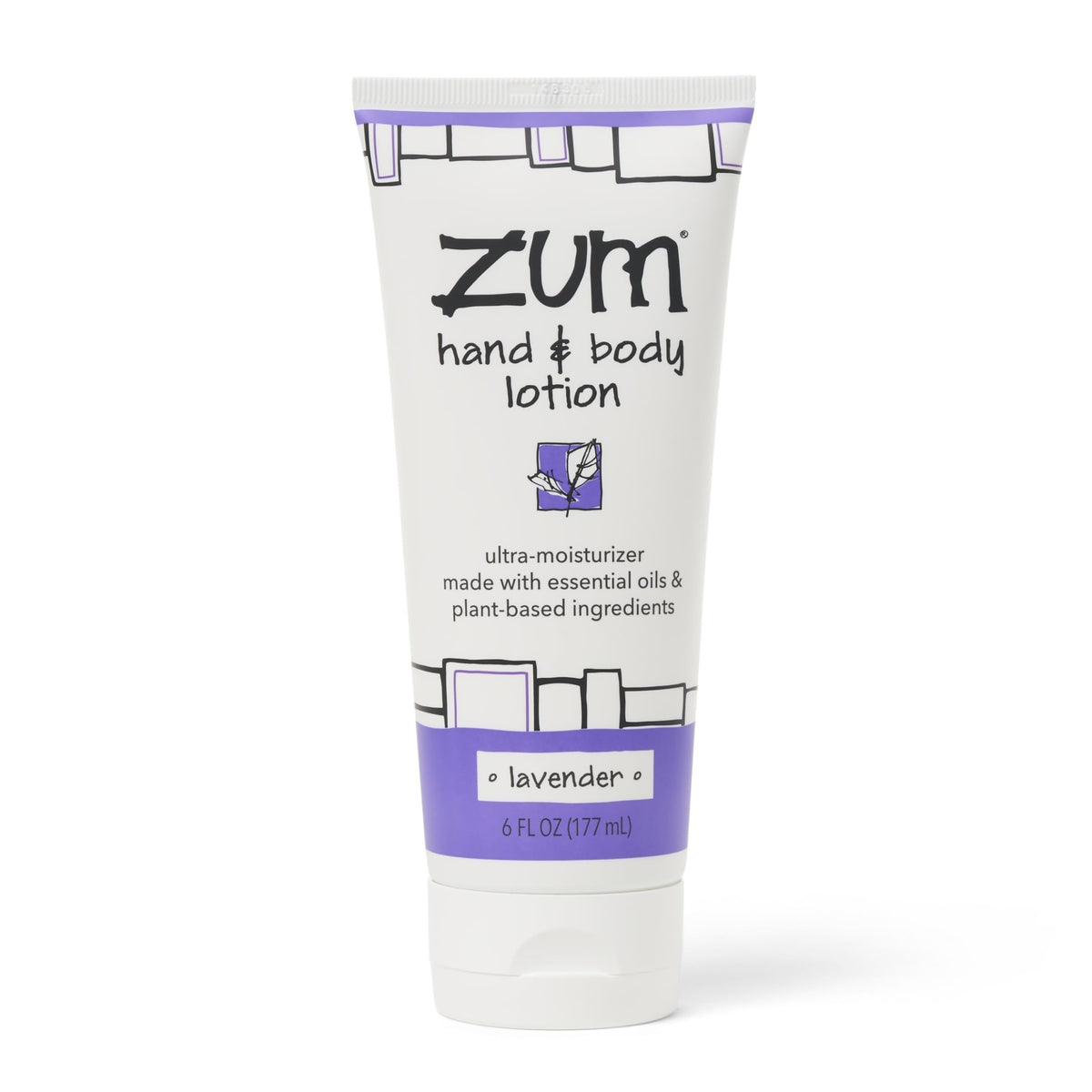 Zum Hand & Body Lotion bottle showing lavender scent for daily hydration.