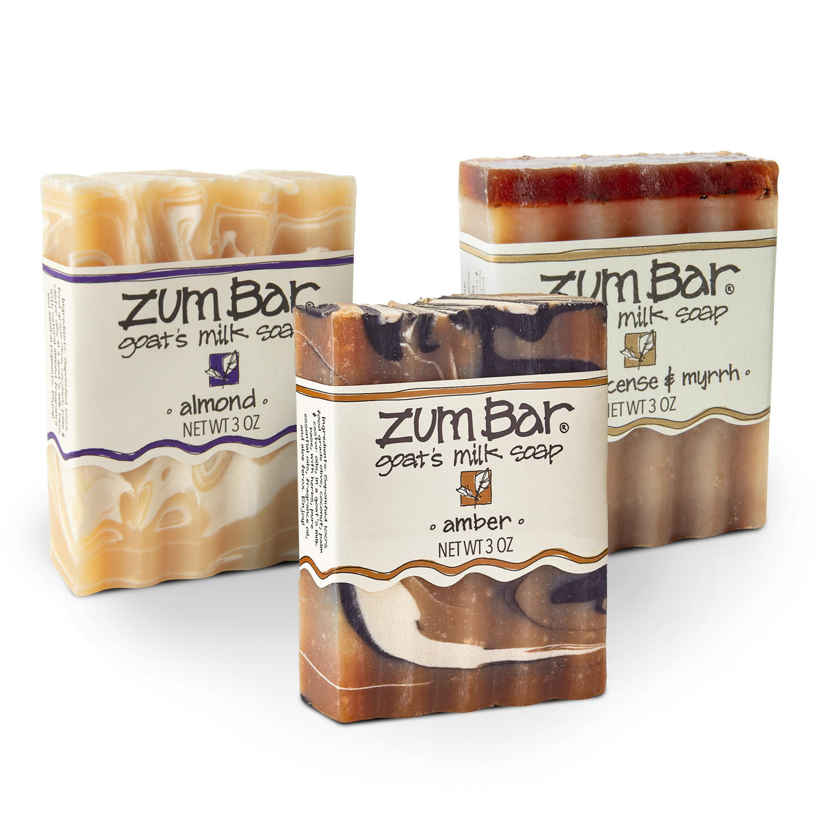 Zum Indigo Wild Goat's Milk Soap Bar 3-pack front view, nourishing cleanse for hands and body