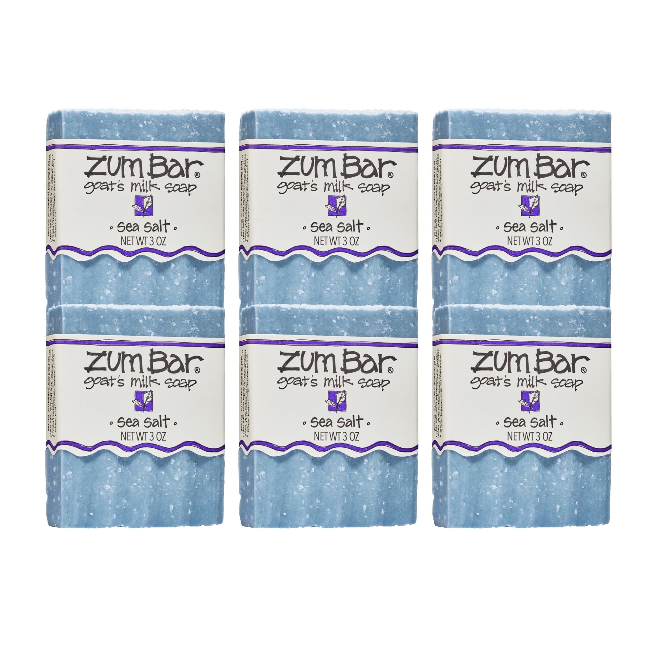 Zum Indigo Wild goat milk soap sea salt six-pack on display for everyday cleansing.