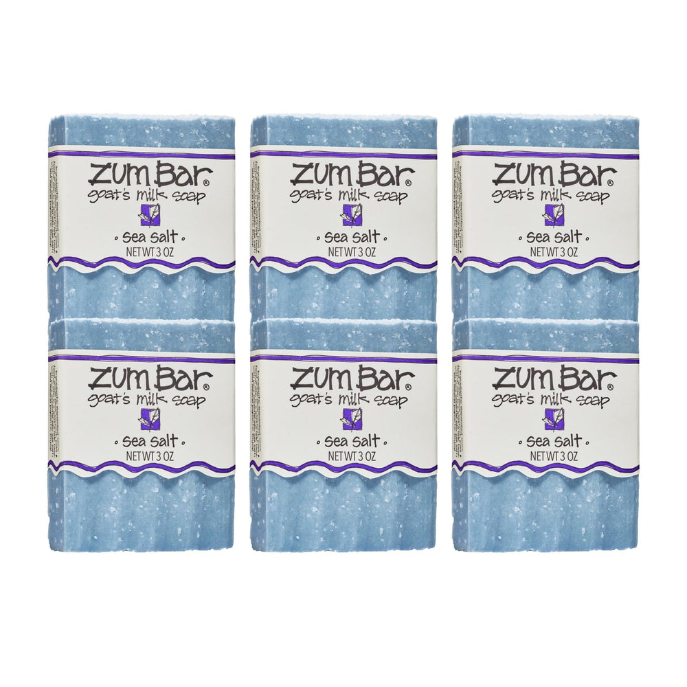 Zum Indigo Wild goat milk soap sea salt six-pack on display for everyday cleansing.