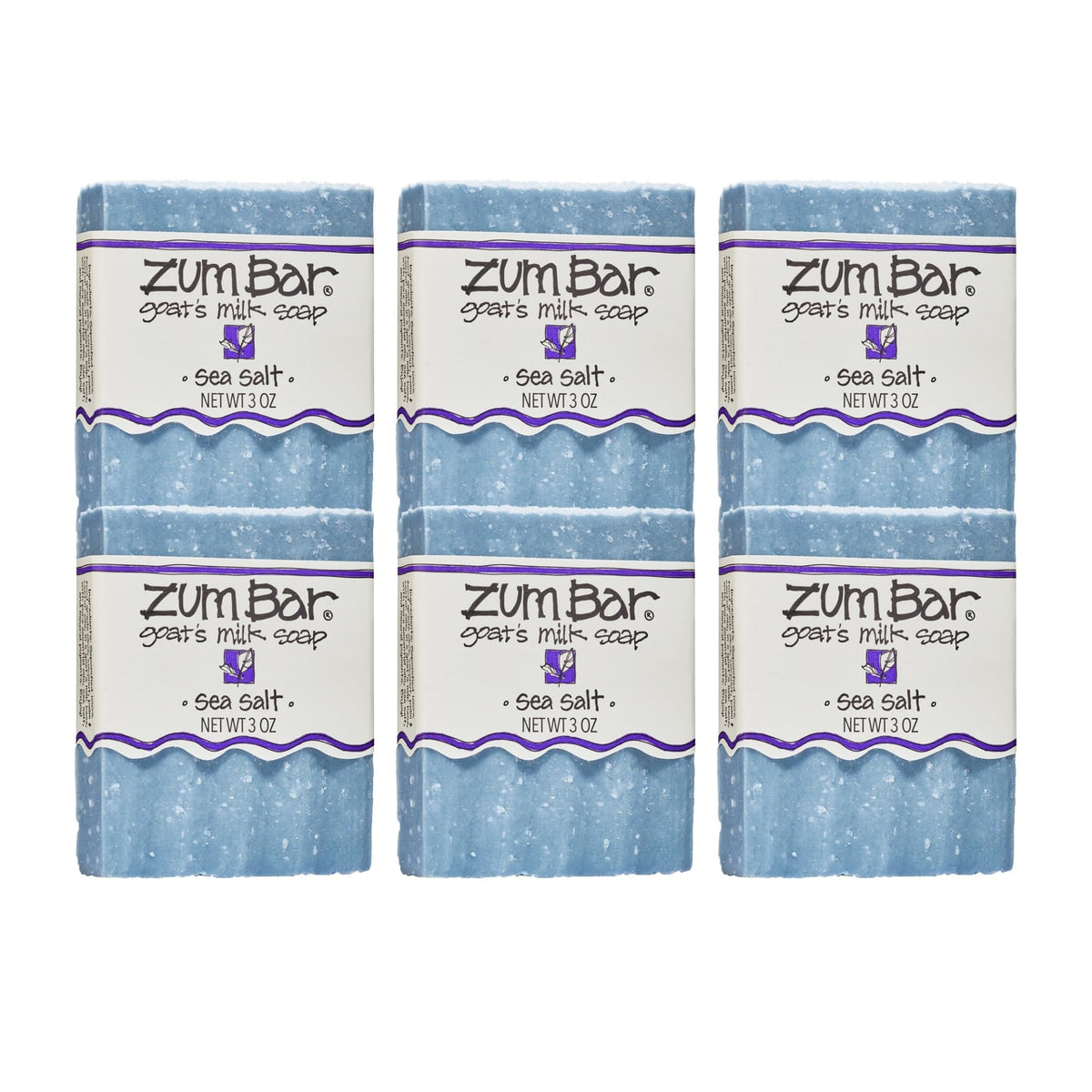 Zum Indigo Wild goat milk soap sea salt six-pack on display for everyday cleansing.