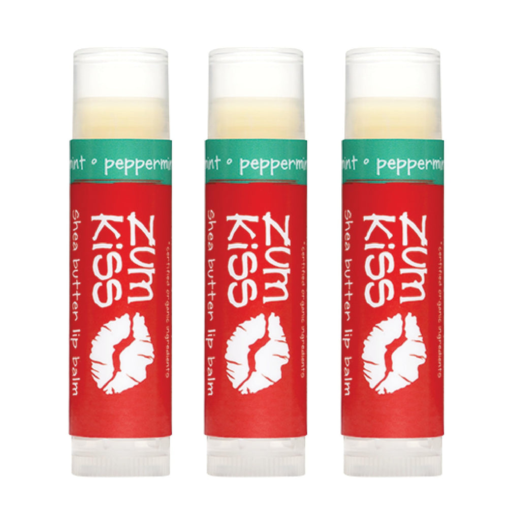 Zum Kiss Stick packaging-front shows peppermint lip balm trio for on-the-go hydration