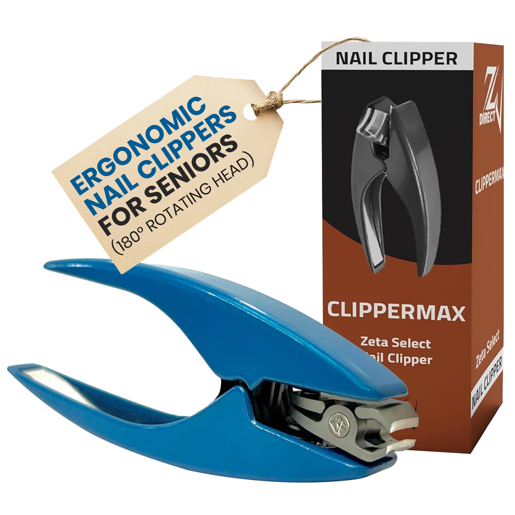 ZW Direct ergonomic nail clippers with rotating head for easy trimming from any angle.