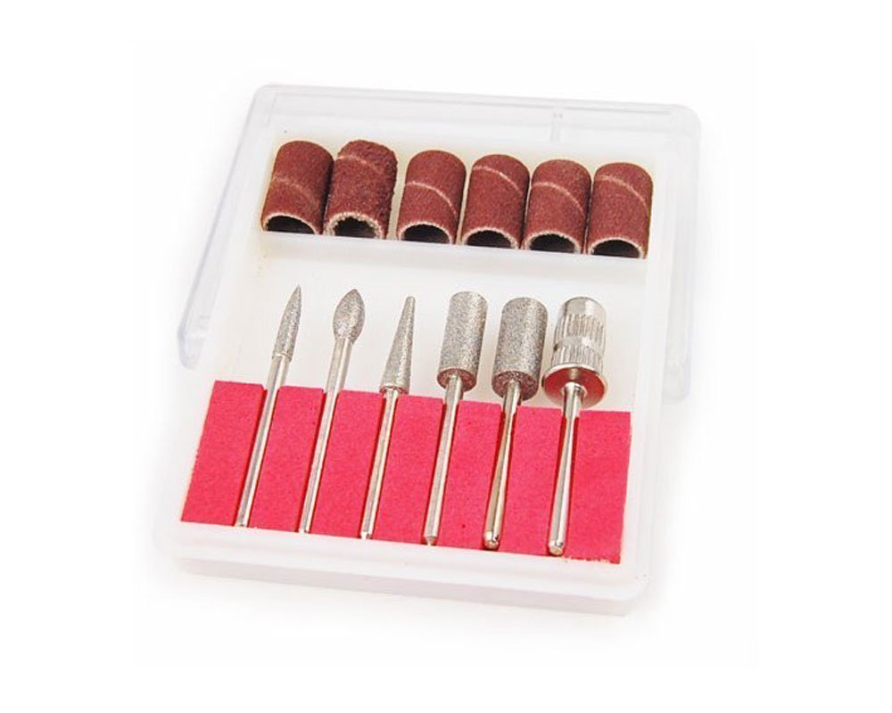 ZXUY 6pc nail drill bits close-up showing precision diamond tips for acrylic shaping.