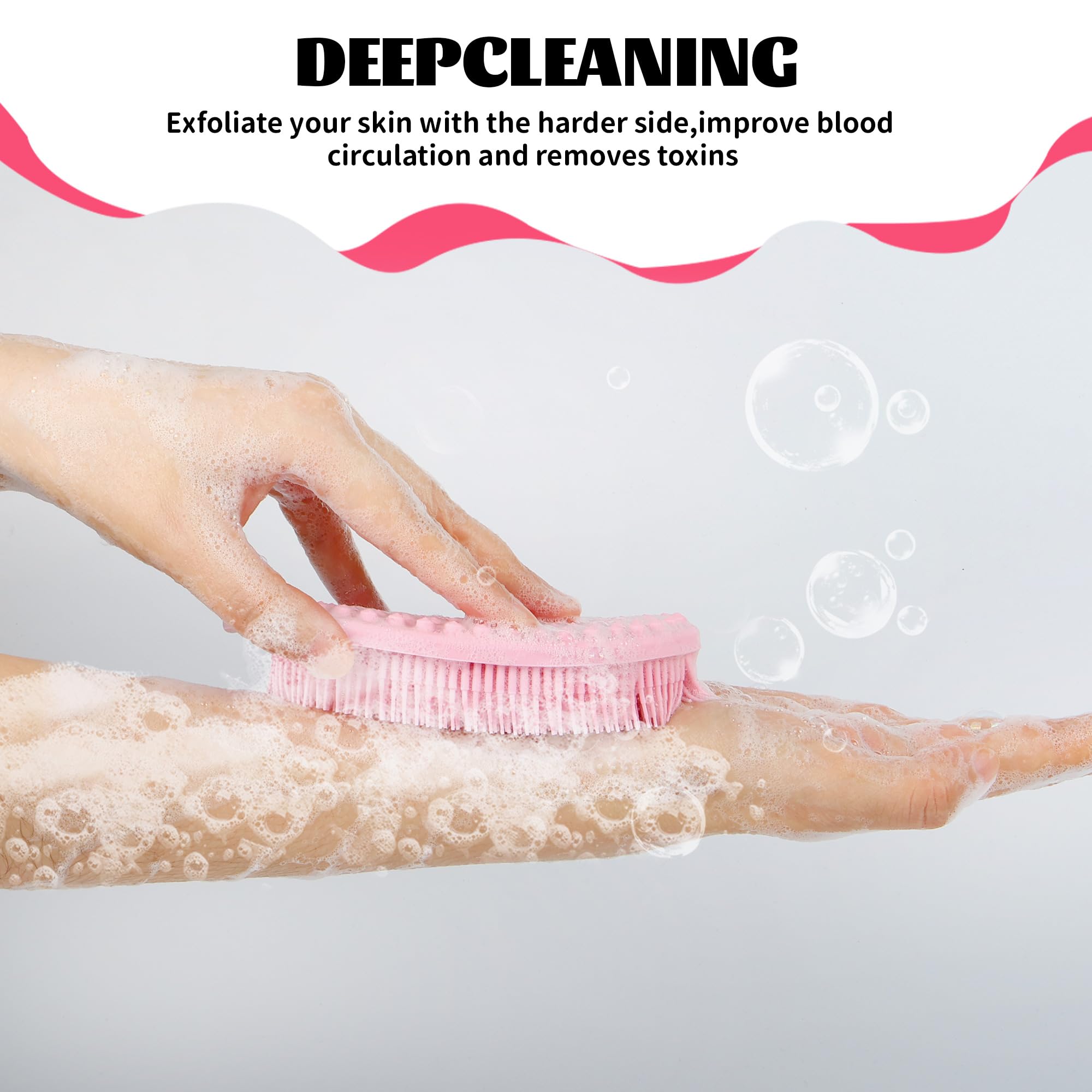 ZYLOP silicone body scrubber on shower shelf highlighting quick-dry design