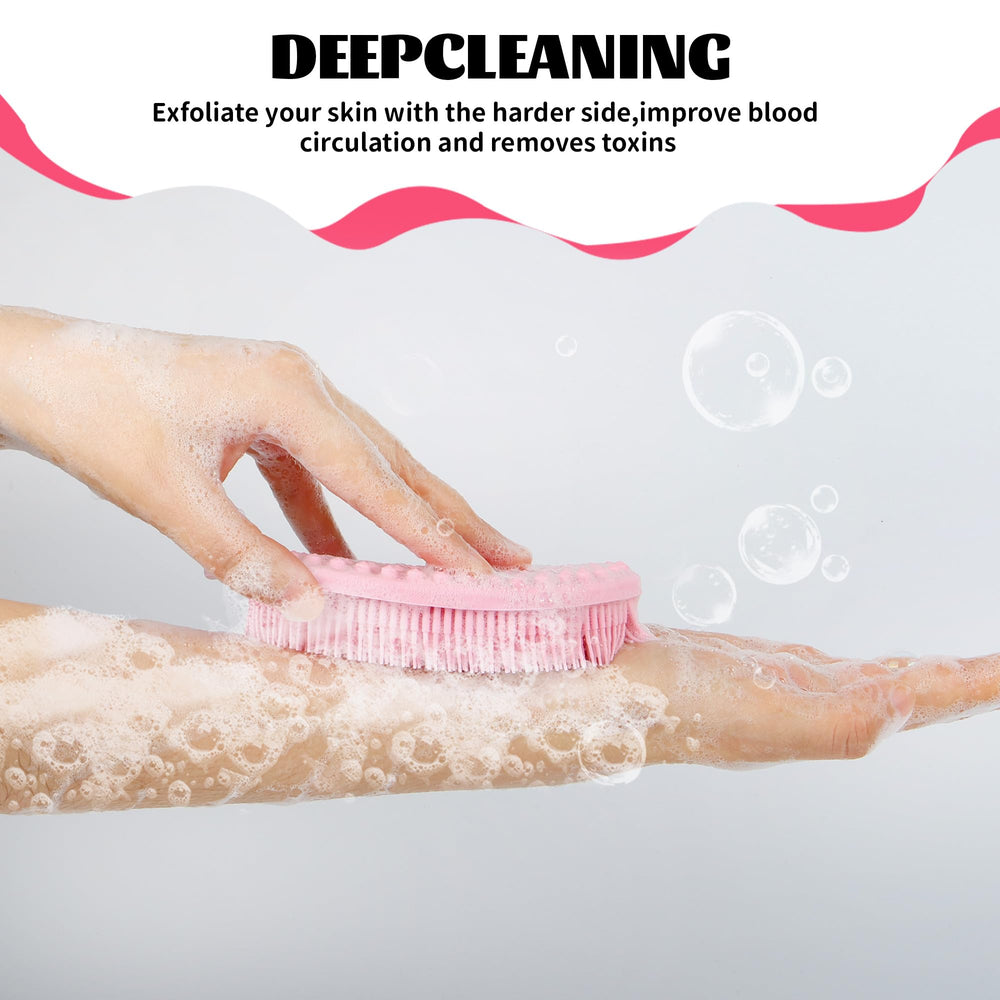 ZYLOP silicone body scrubber on shower shelf highlighting quick-dry design