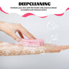 ZYLOP silicone body scrubber on shower shelf highlighting quick-dry design