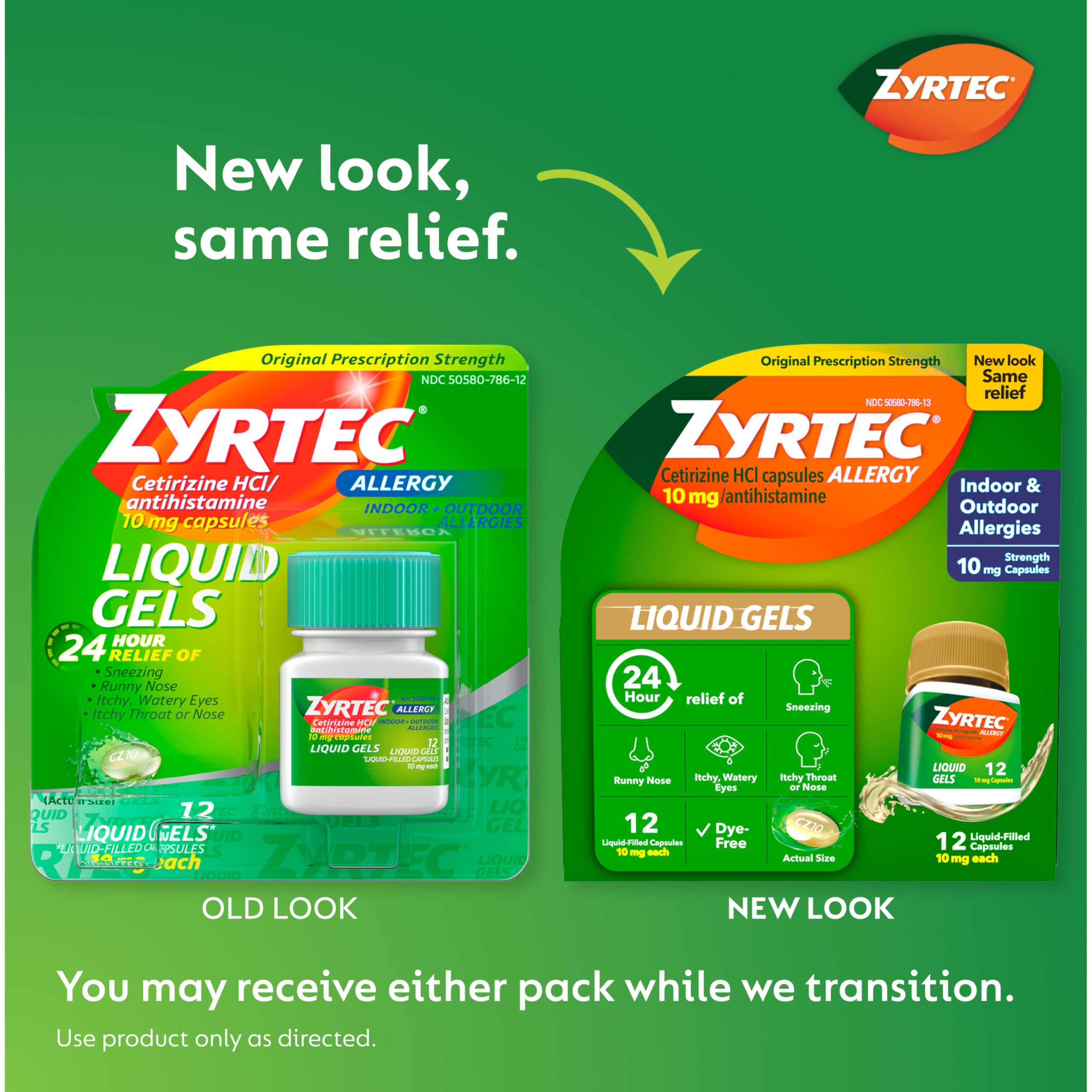Zyrtec 10mg cetirizine HCl liquid gels close-up for daily relief.