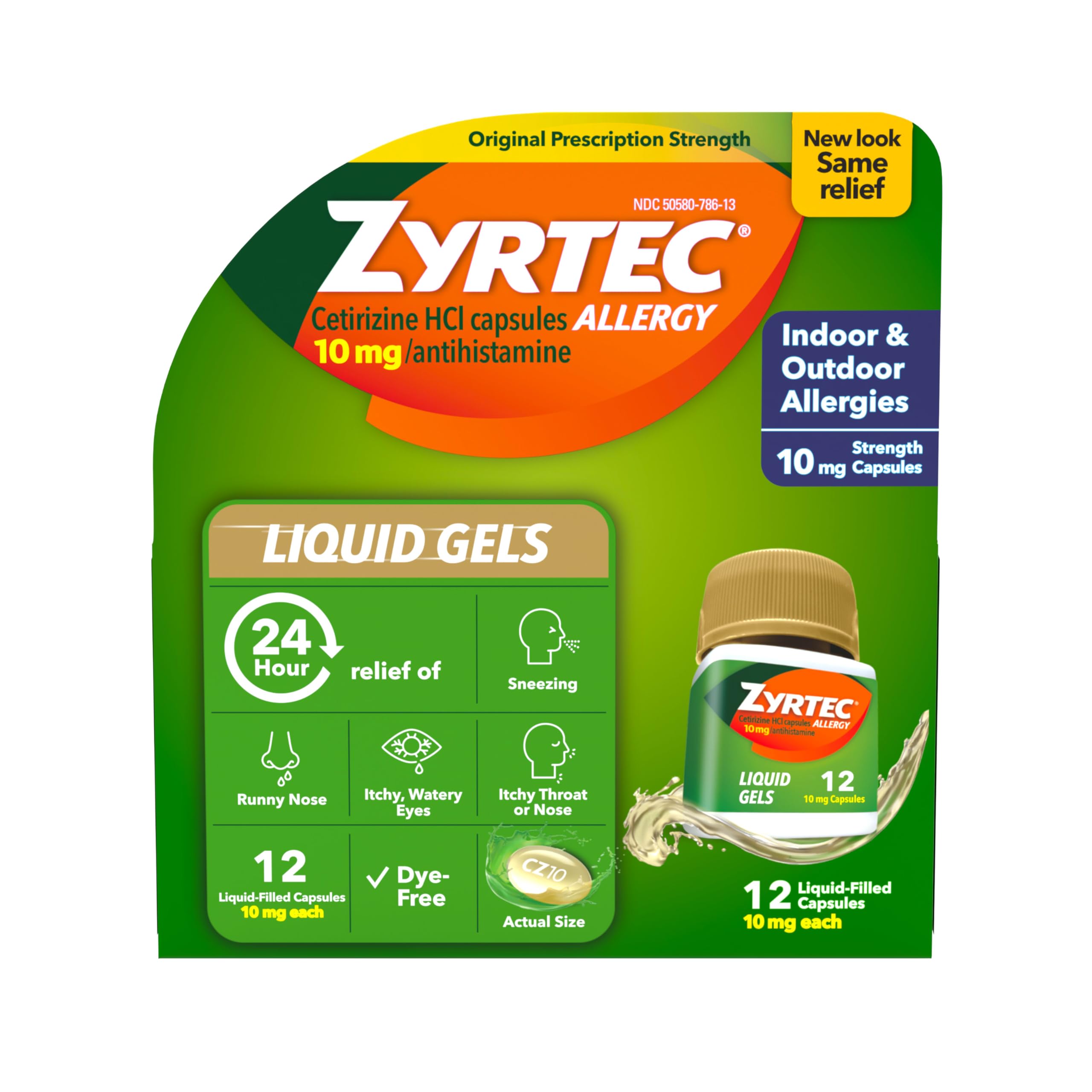 Zyrtec 24-hour liquid gels bottle for all-day allergy relief.
