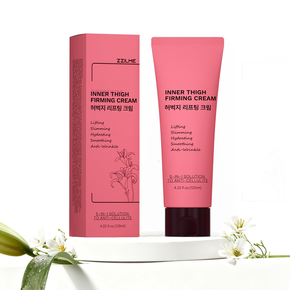 ZZILME Inner Thigh Firming Cream bottle close up highlighting caffeine and peptides for skin support