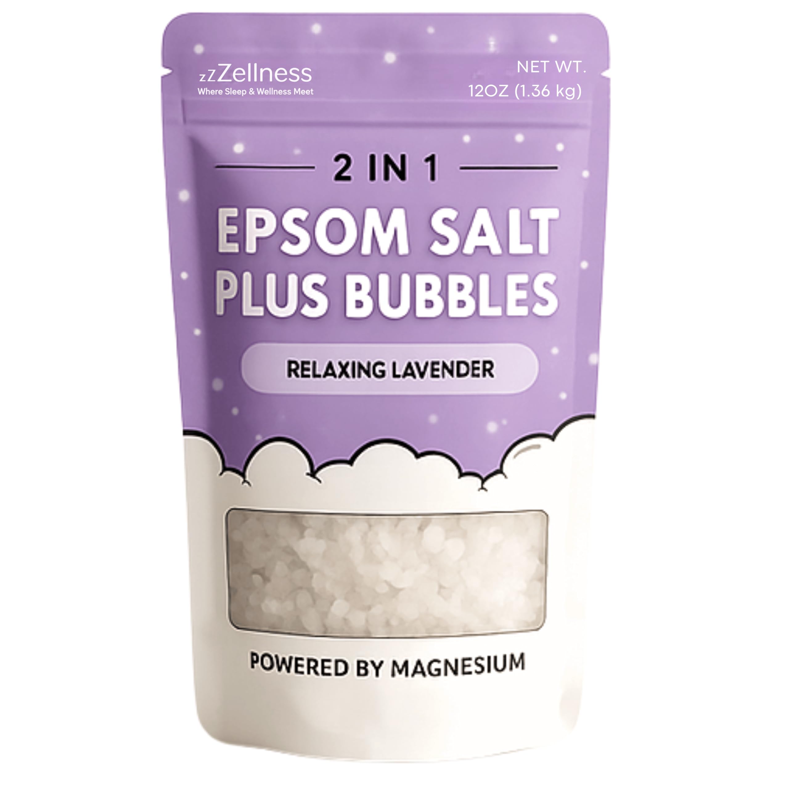 ZZZELLNESS Epsom Salt Plus Bubbles 12 oz bottle ready for regular use.