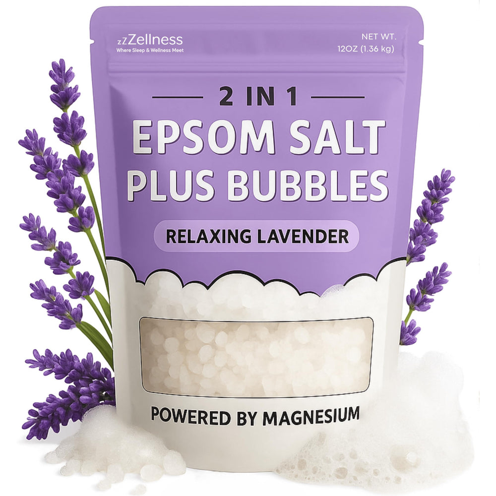 ZZZELLNESS Epsom Salt Plus Bubbles lavender bath scene highlights relaxing aromatherapy and muscle comfort.