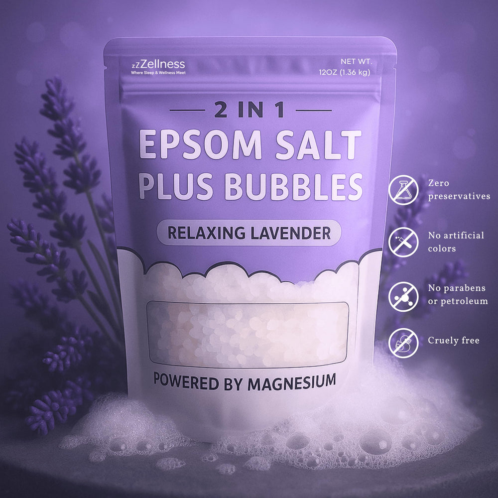 ZZZELLNESS Epsom Salt Plus Bubbles foam close-up shows luxurious bubbles for spa-like soak.