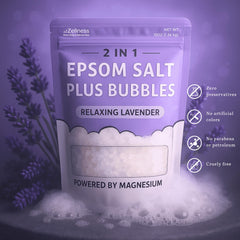 ZZZELLNESS Epsom Salt Plus Bubbles foam close-up shows luxurious bubbles for spa-like soak.