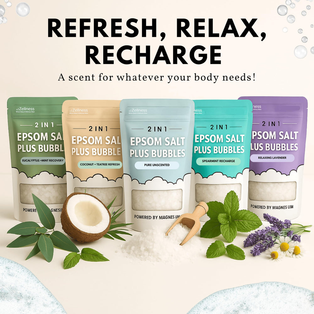 ZZZELLNESS Epsom Salt Plus Bubbles post-workout relaxation scene with long-lasting bubbles.